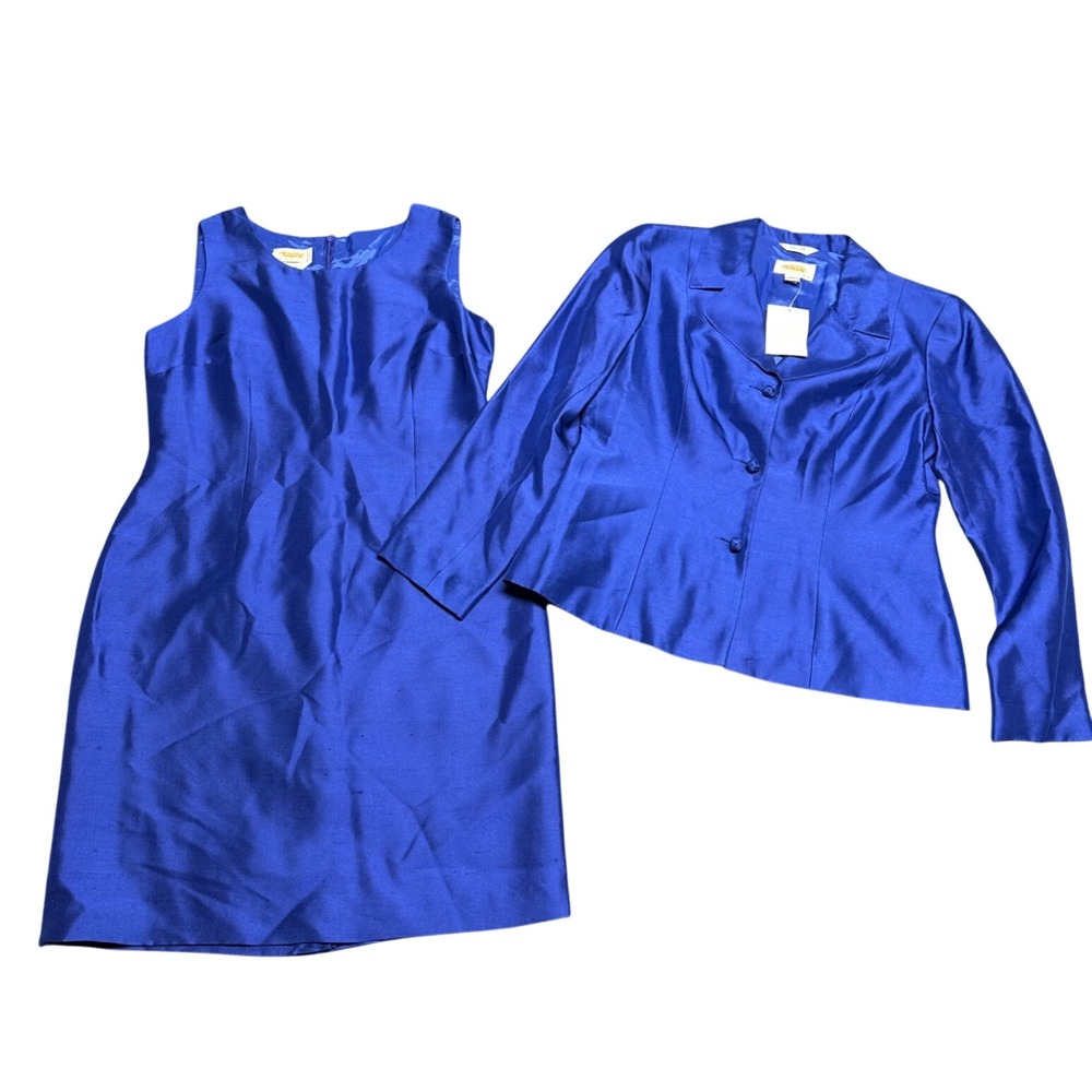 Vintage Silk Suit Set Sheath Dress Jacket Cobalt Talbots Chic Elegant Office